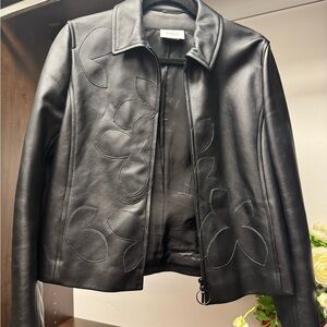 Akris Punto Black Leather Jacket with Floral Accents